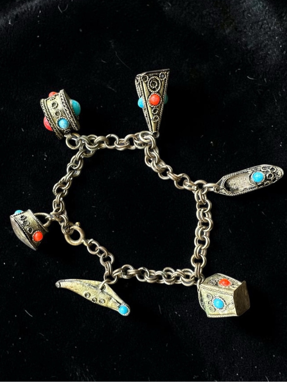 Vintage Middle Eastern Filigree Charm Bracelet 7”